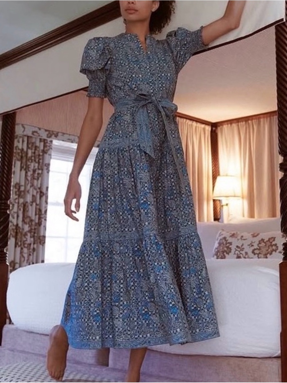 Hill House House Maxi Yara Dress Navy  Calico Trellis